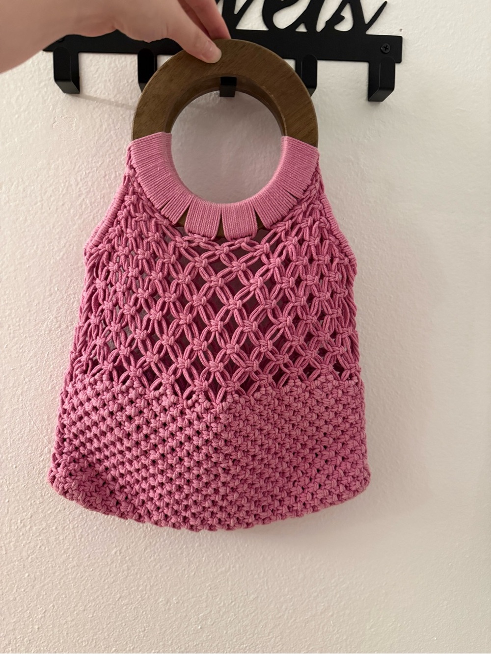 Hand-Knit Pink Crochet Top with Wooden Ring Handles